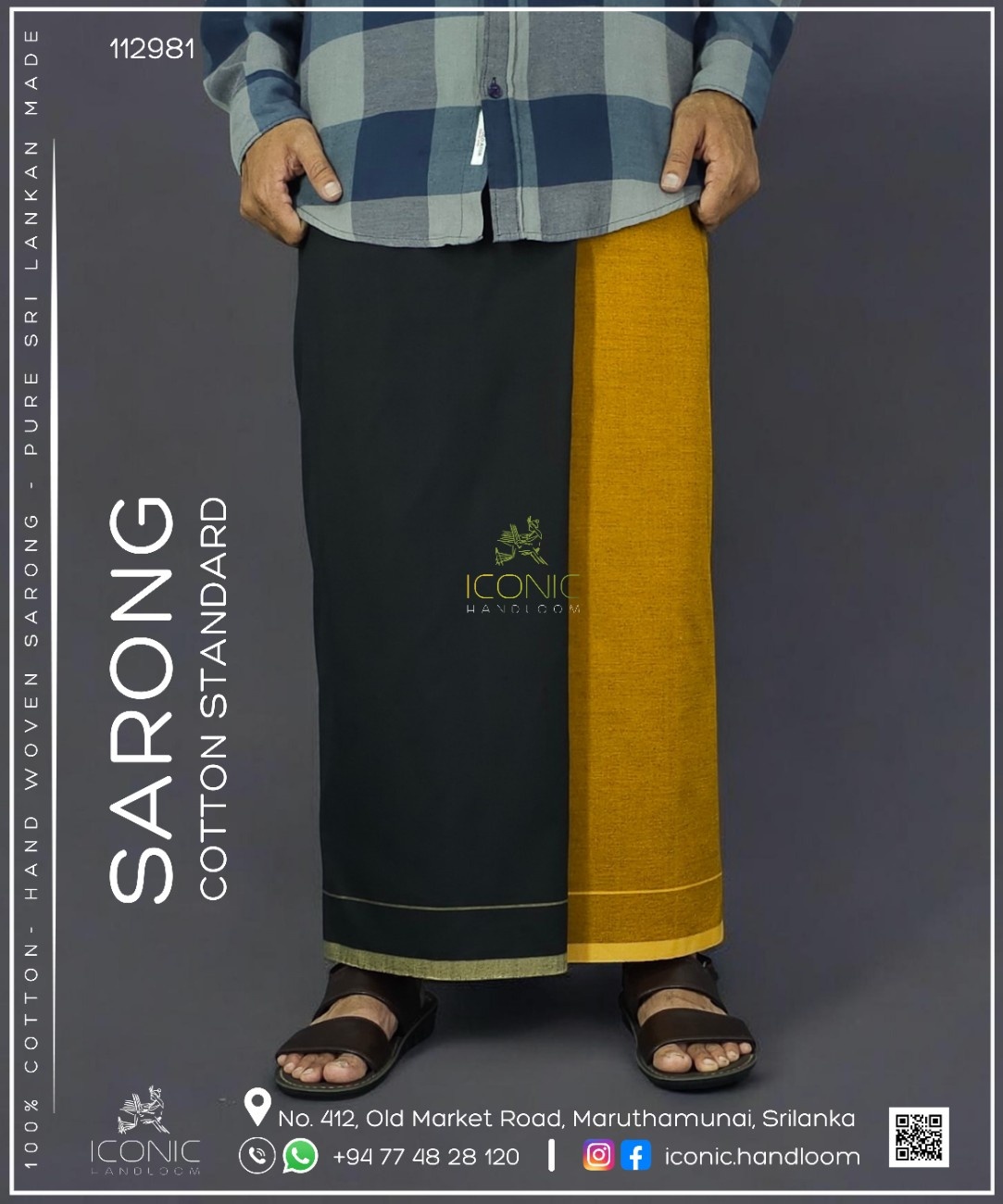 Handloom Cotton Sarong - Golden Yellow  and Black with Beige - ICS 112981