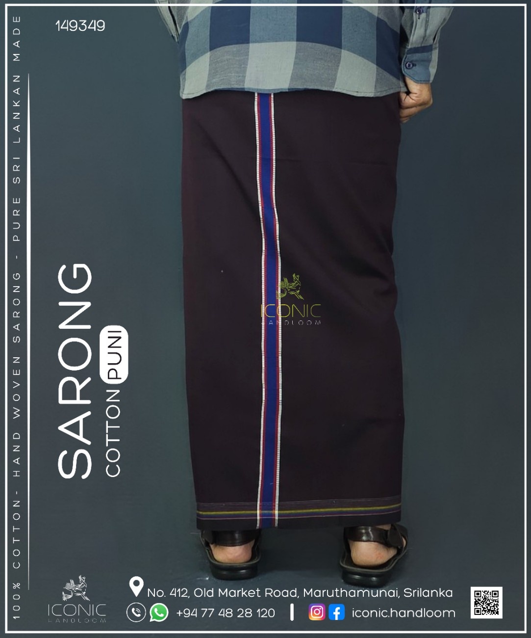 Handloom Cotton Puni Sarong -  Deep Burgendy with White, Royal Blue and Red Stripes, Multi Color Bottom Border  - ICS 149349