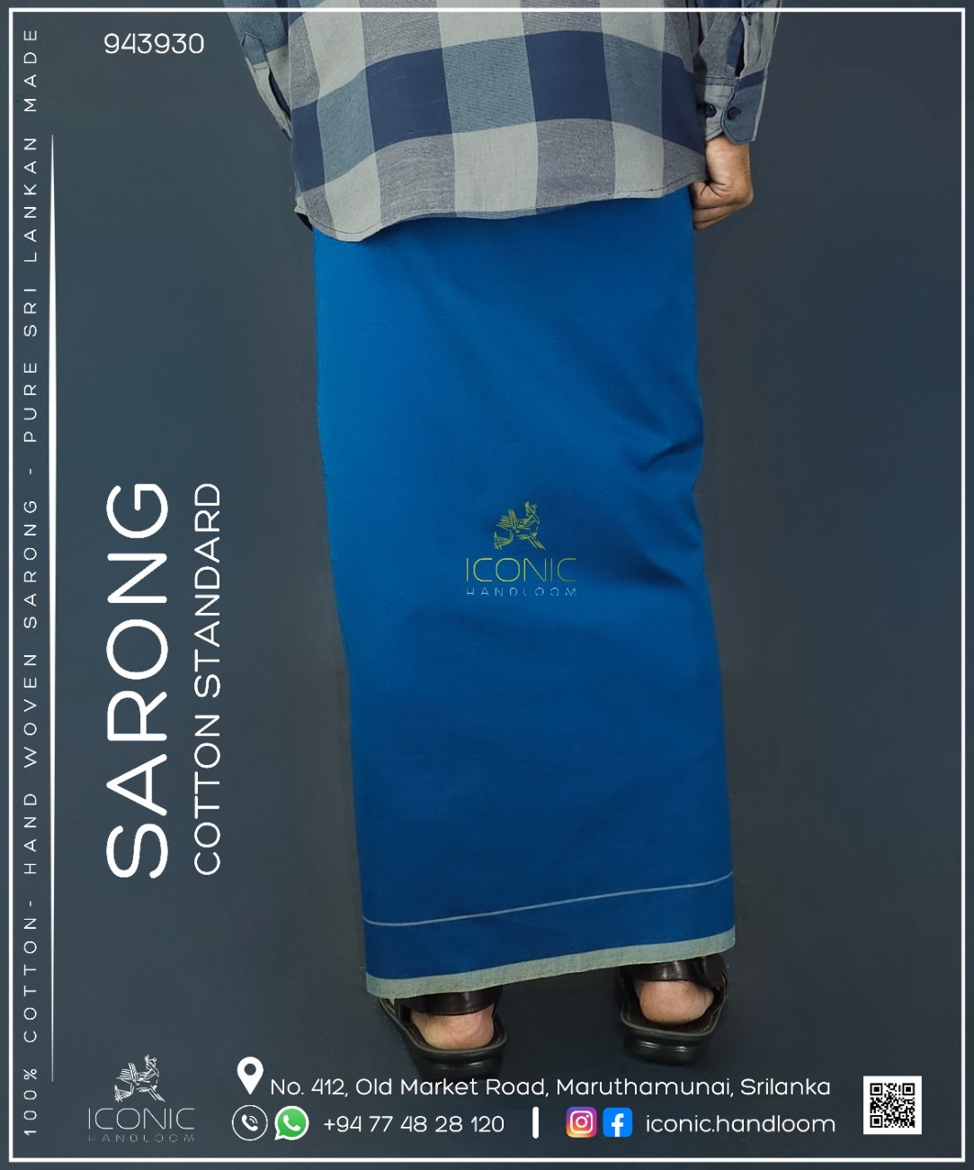 Handloom Cotton Sarong -Peacock Blue with Cream Bottom Border - ICS 943930