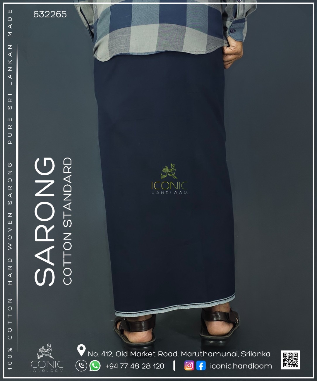 Handloom Cotton Sarong - Dark Navy Blue with Silver Bottom Border - ICS 632265