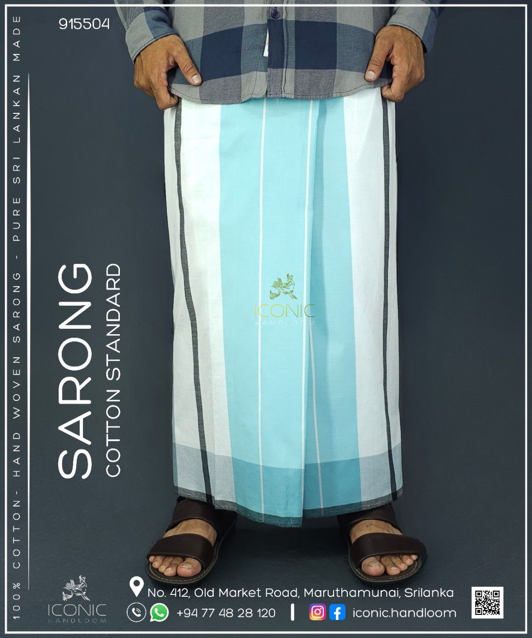 Handloom Cotton Sarong - Aqua Blue, Dark Charcoal Grey with Black and White Stripes - ICS 915504