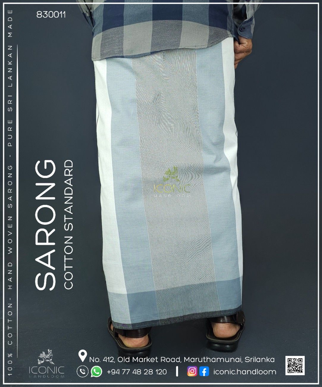 Handloom Cotton Sarong - Aqua Blue, Dark Charcoal Grey and White with Black Stripes - ICS 830011