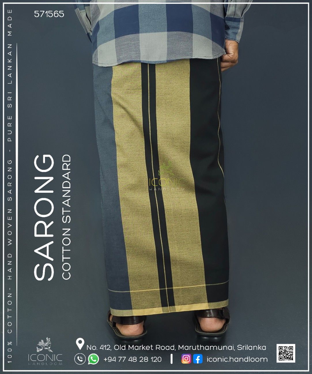 Handloom Cotton Sarong -Black and Dark Grey with Beige - ICS 571565