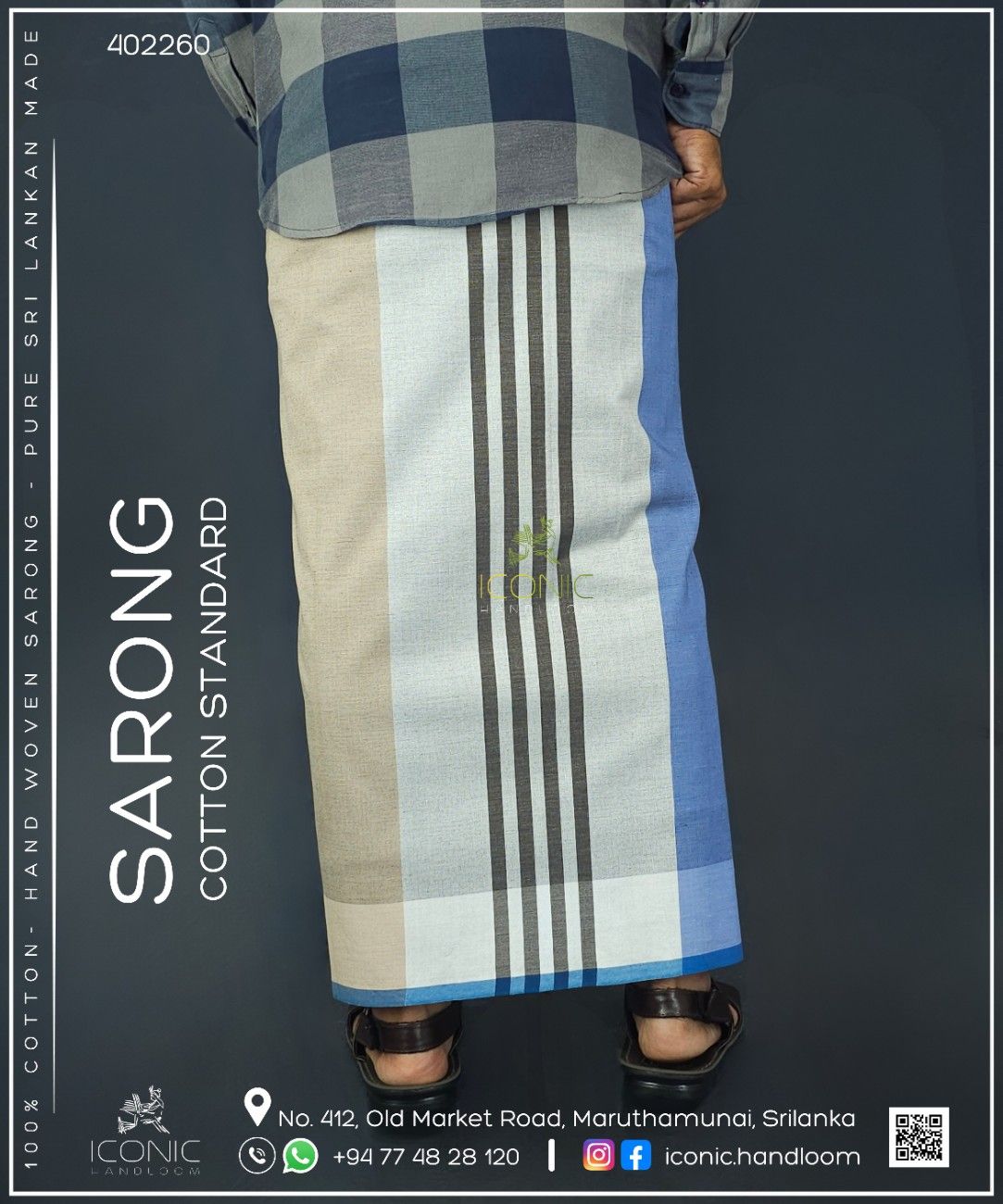 Handloom Cotton Sarong - Dark Sky Blue, Beige and Charcoal Grey with Brown - ICS 402260