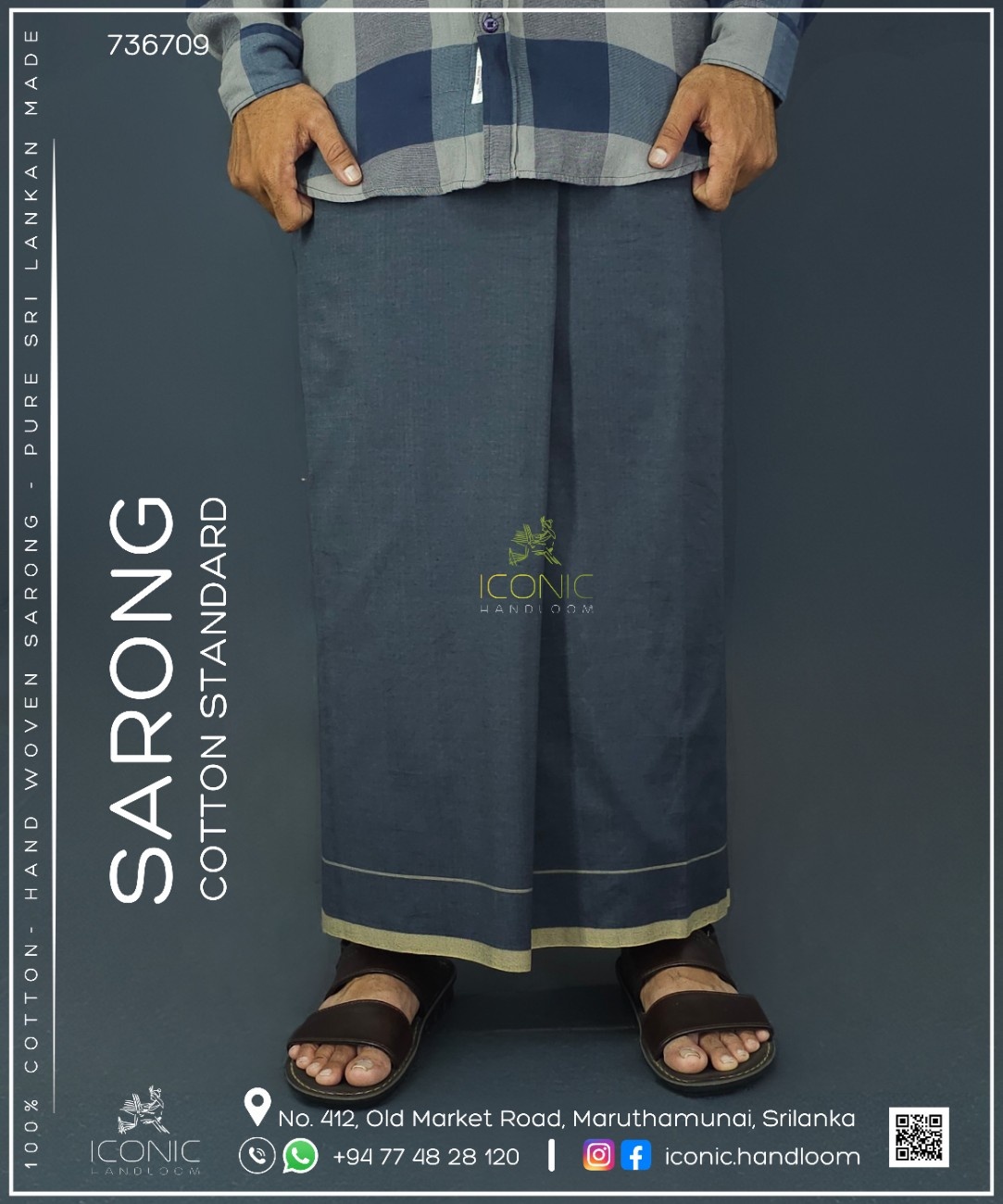 Handloom Cotton Sarong - Dark Grey with Beige - ICS 736709