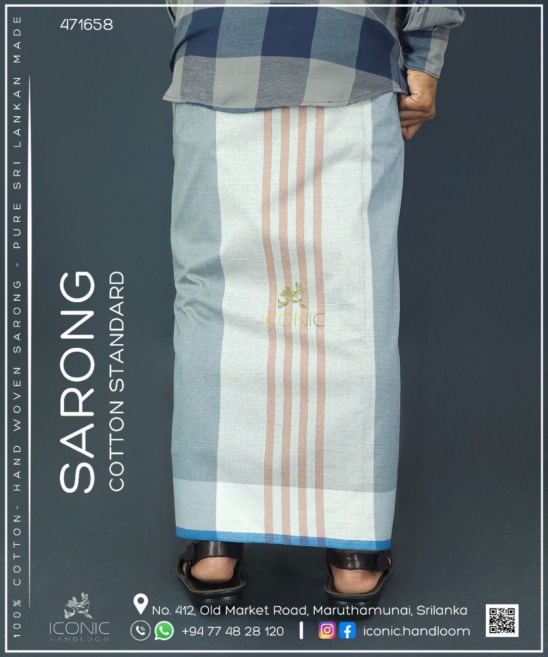 Handloom Cotton Sarong - Charcoal Grey, Slate and Light Peach with Teal - ICS 471658