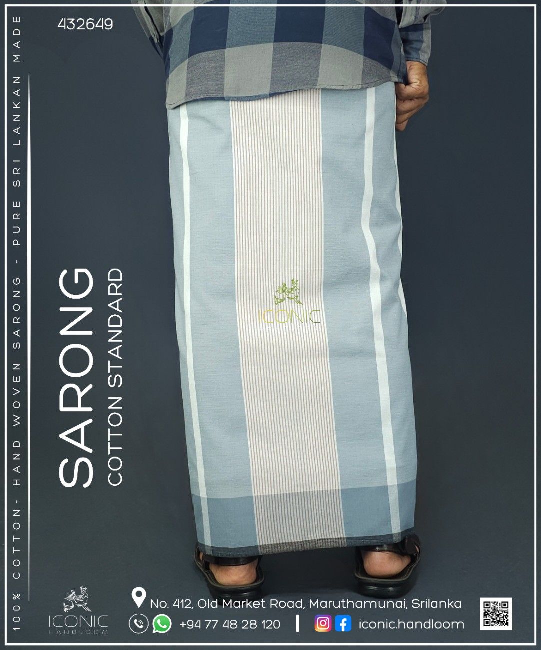 Handloom Cotton Sarong - Aqua Blue, Light Charcoal Grey with Light Peach and White Stripes - ICS 432649
