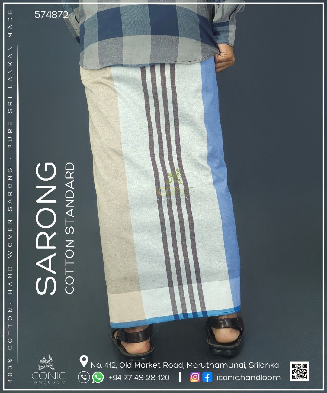 Handloom Cotton Sarong - Dark Sky Blue, Beige and Charcoal Grey with Maroon - ICS 574872