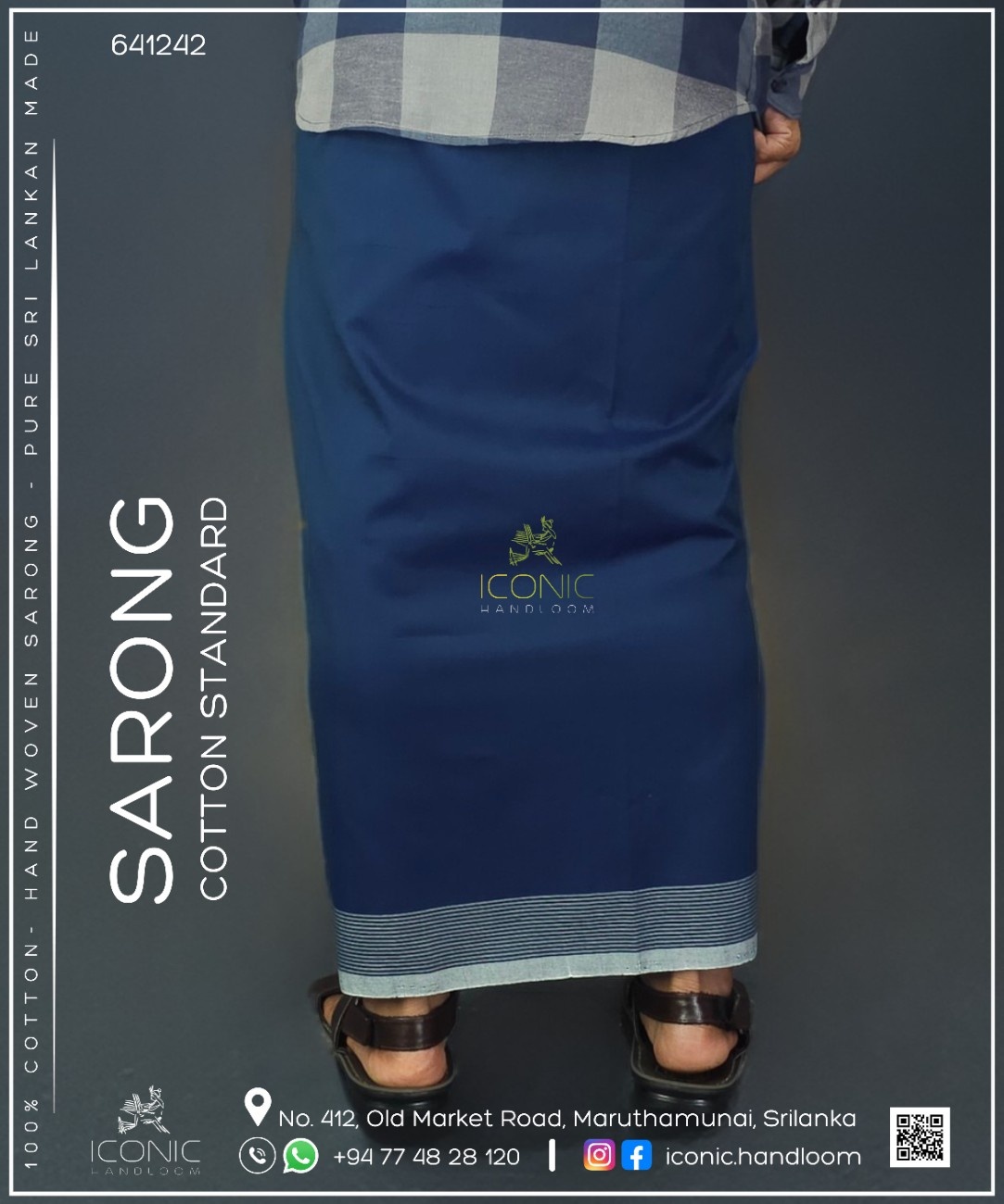 Handloom Cotton Sarong -  Deep Teal with Cream Bottom Border - ICS 641242