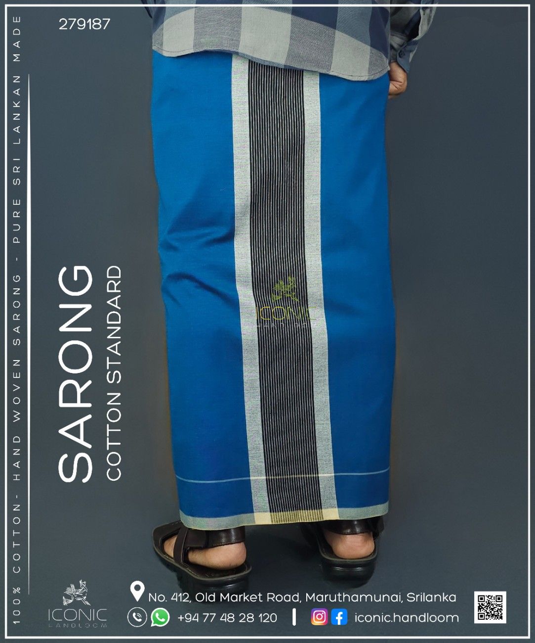 Handloom Cotton Sarong -Peacock Blue, Silver and Black with Cream Bottom Border - ICS 279187