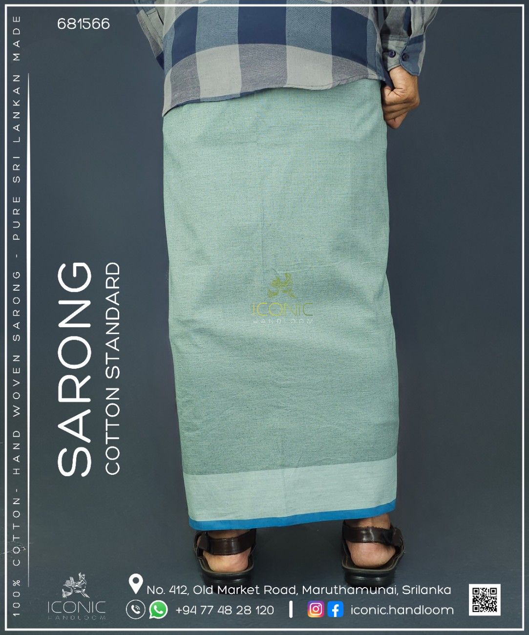 Handloom Cotton Sarong -Light Green with Teal  -  ICS 681566