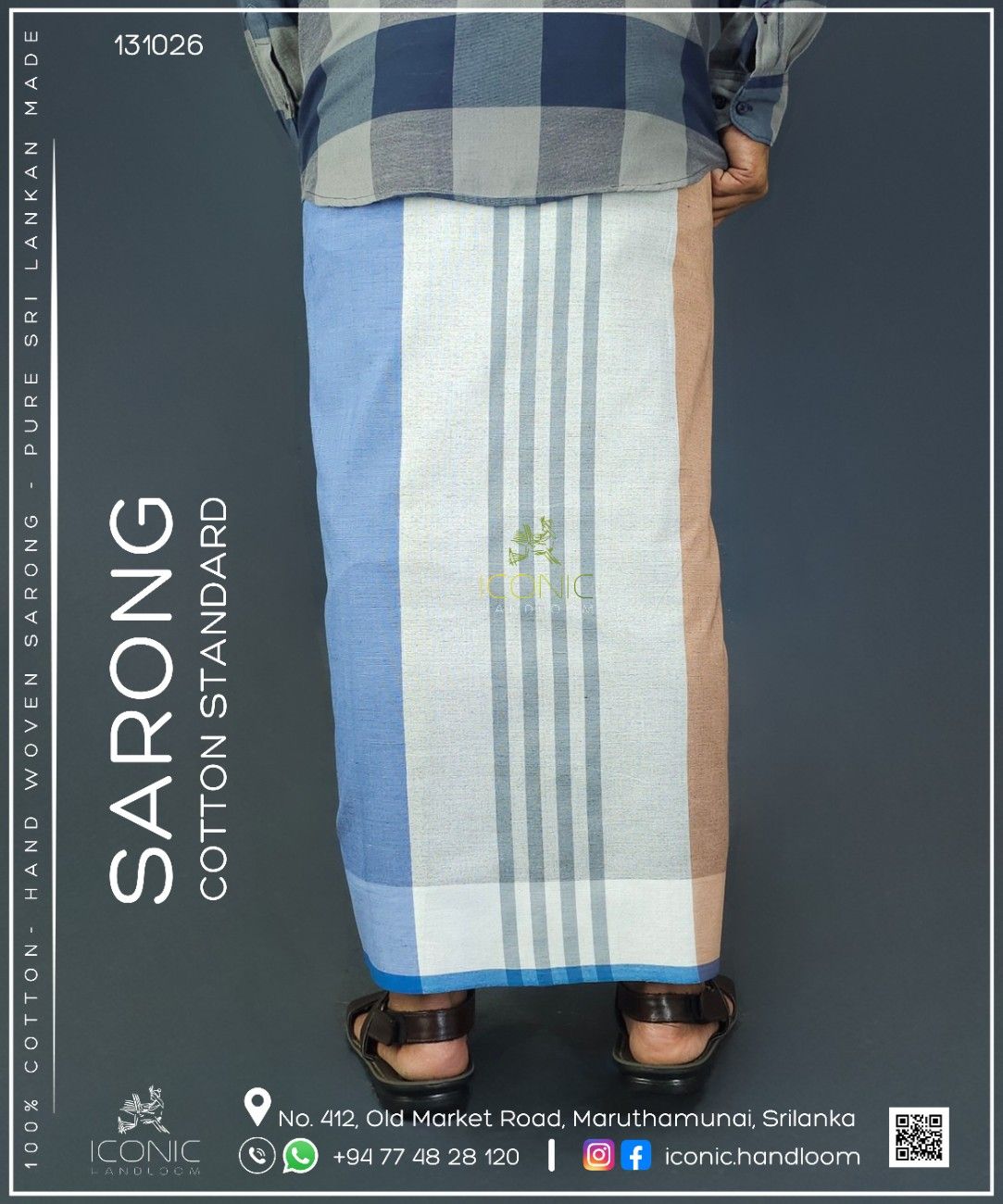 Handloom Cotton Sarong  -  Peach Pink and Dark Sky Blue with Charcoal Grey  -  ICS 131026