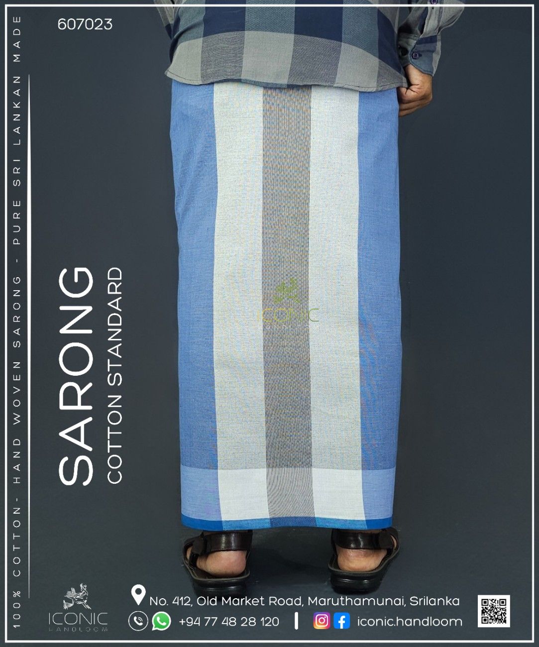 Handloom Cotton Sarong -Dark Sky Blue and Charcoal Grey  with Teal - ICS 607023