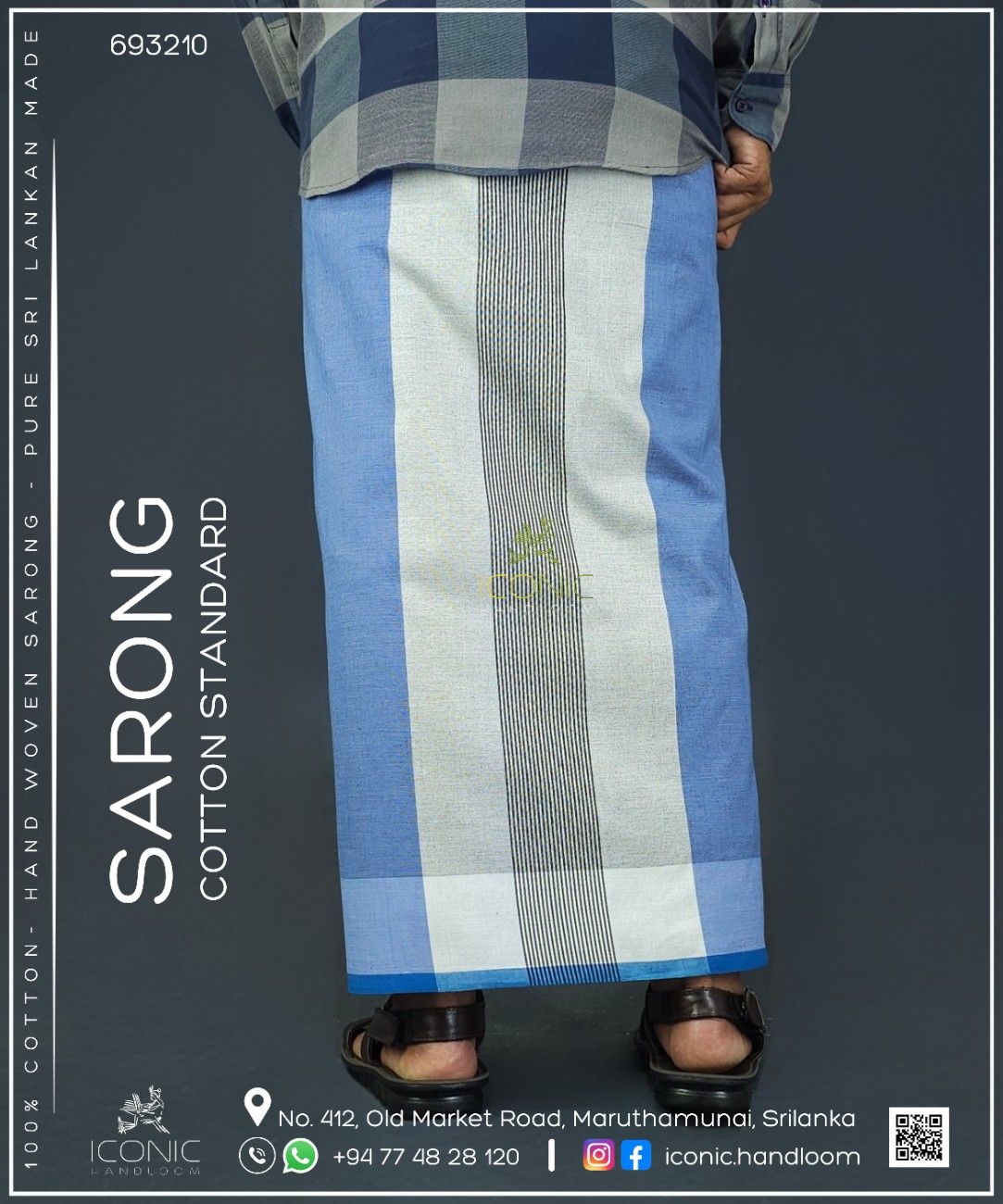 Handloom Cotton Sarong -Dark Sky Blue and Charcoal Grey  with Teal - ICS 693210