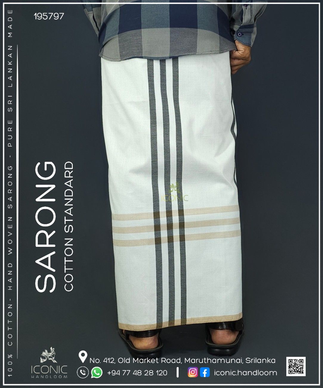 Handloom Cotton Sarong - White with Charcoal Grey and Beige Stripes- ICS 195797