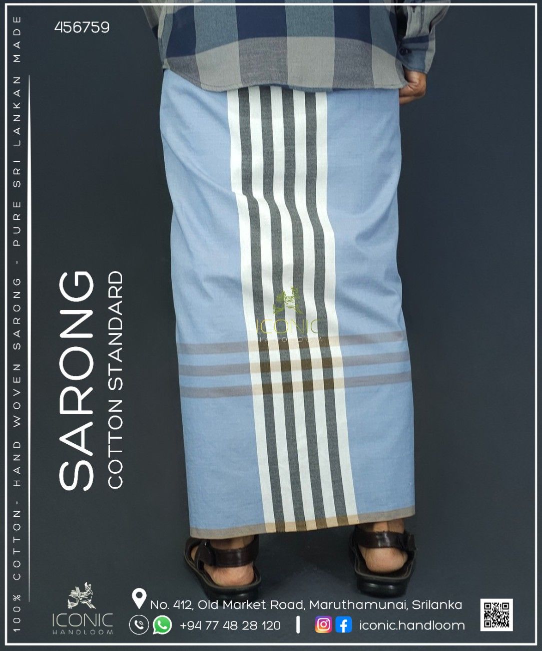 Handloom Cotton Sarong - Sky Blue, Charcoal Grey and White with Beige - ICS 456759