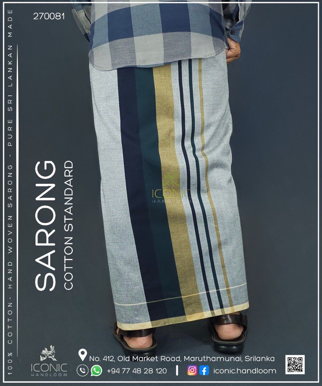 Handloom Cotton Sarong - Silver, Dark Navy Blue and Dark Green with Beige - ICS 270081