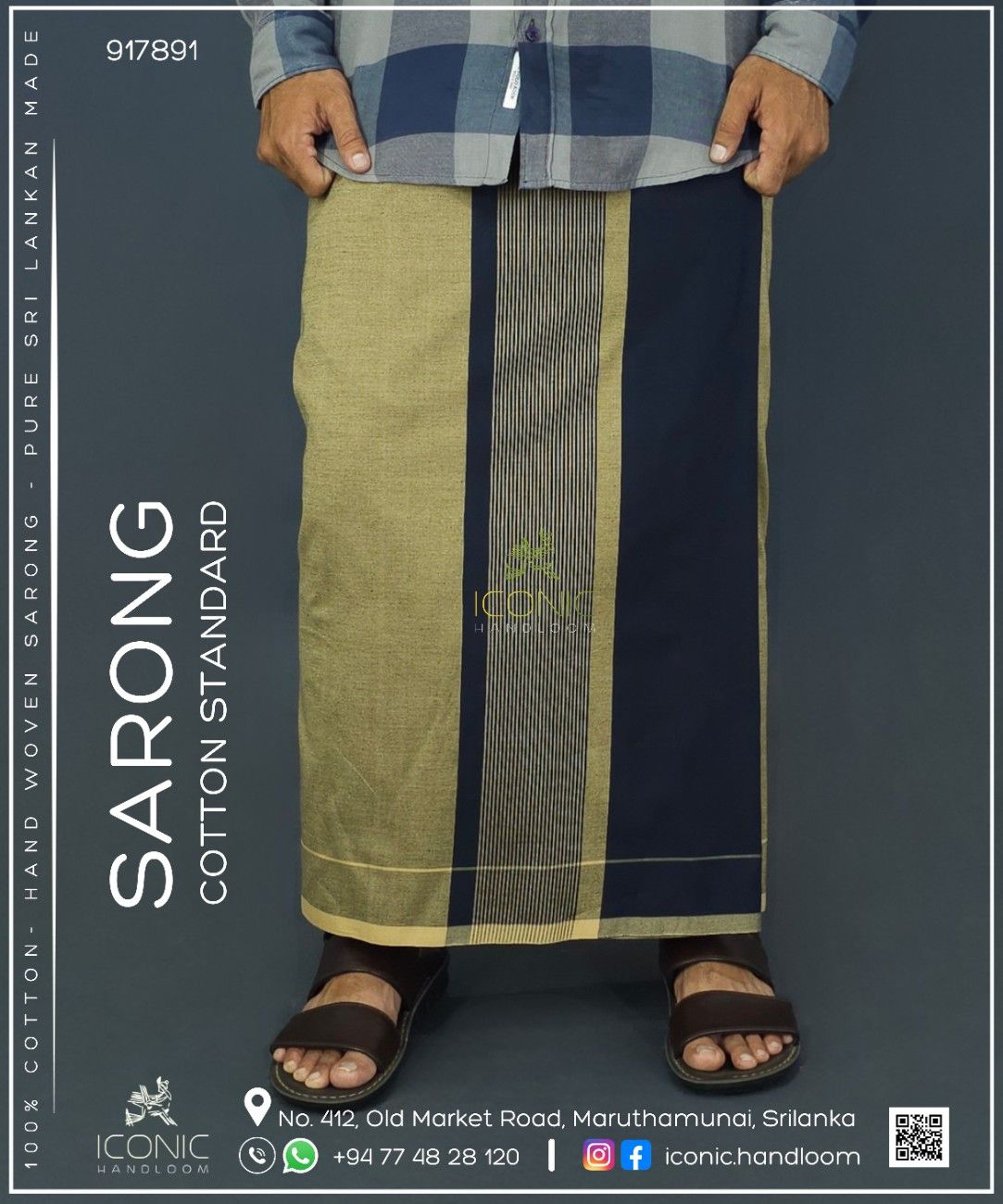 Handloom Cotton Sarong - Dark Navy Blue and Beige with Cream Bottom Border - ICS 917891