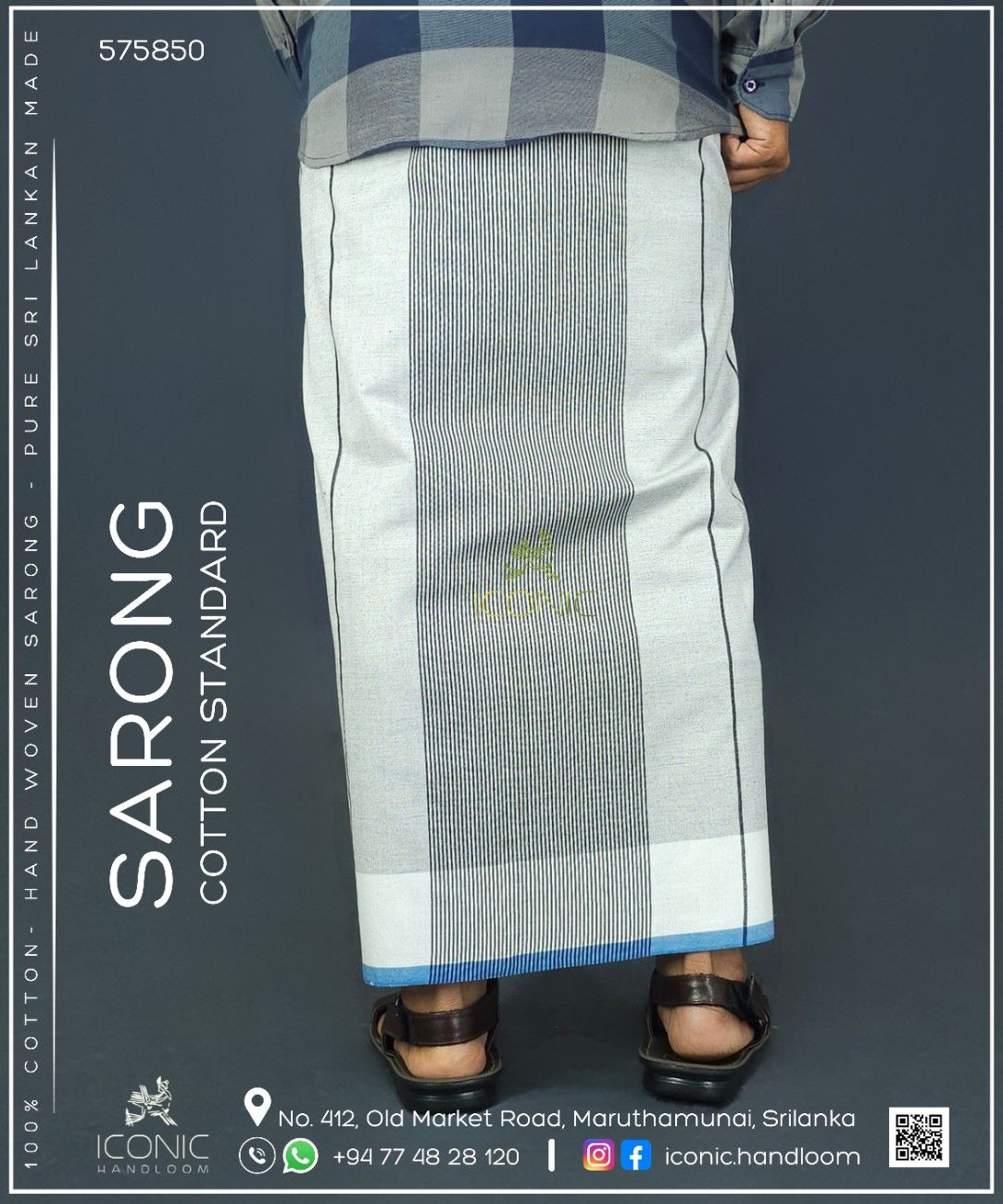 Handloom Cotton Sarong - Slate Blue, Black and Charcoal Grey with Teal - ICS 575850