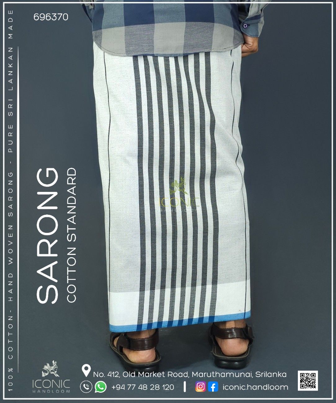 Handloom Cotton Sarong - Dark Sky Blue, Charcoal Grey and Black with Teal - ICS 696370