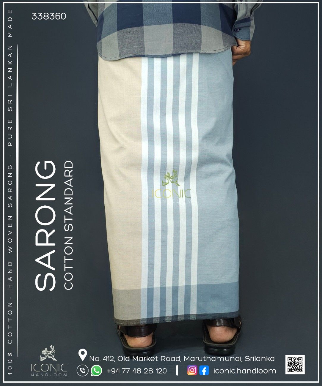 Handloom Cotton Sarong - Light Grey, Peach and White with Black - ICS 338360