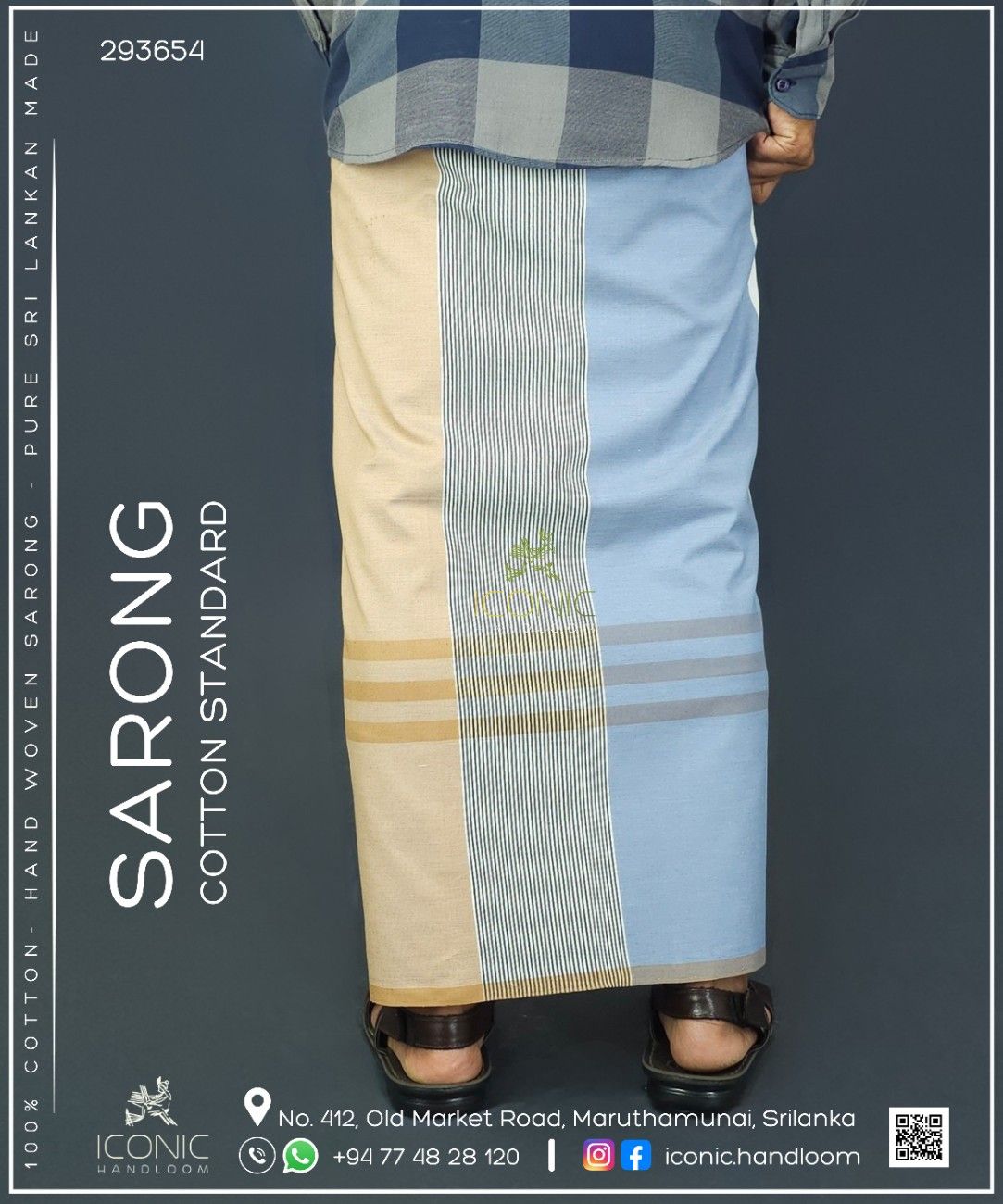 Handloom Cotton Sarong -Sky Blue, Beige and White with Charcoal Grey- ICS 293654