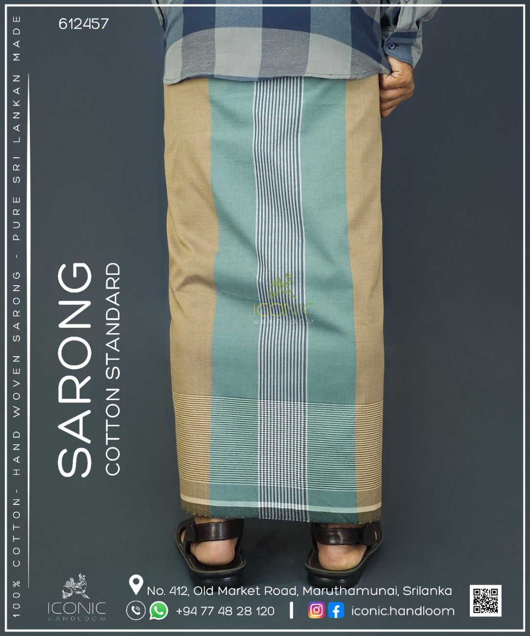 Handloom Cotton Sarong - Beige, Light Green and Silver with Horizontal Stripes - ICS 612457