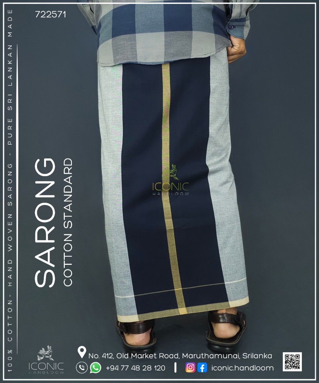 Handloom Cotton Sarong - Dark Navy Blue, Silver and Beige with Cream Bottom Border - ICS 722571