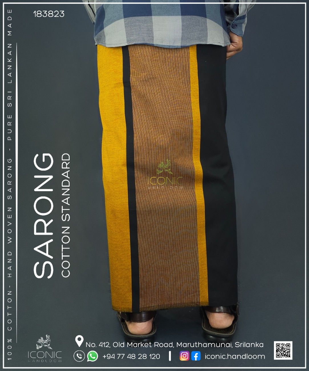 Handloom Cotton Sarong - Black and Golden Yellow  -  ICS 183823