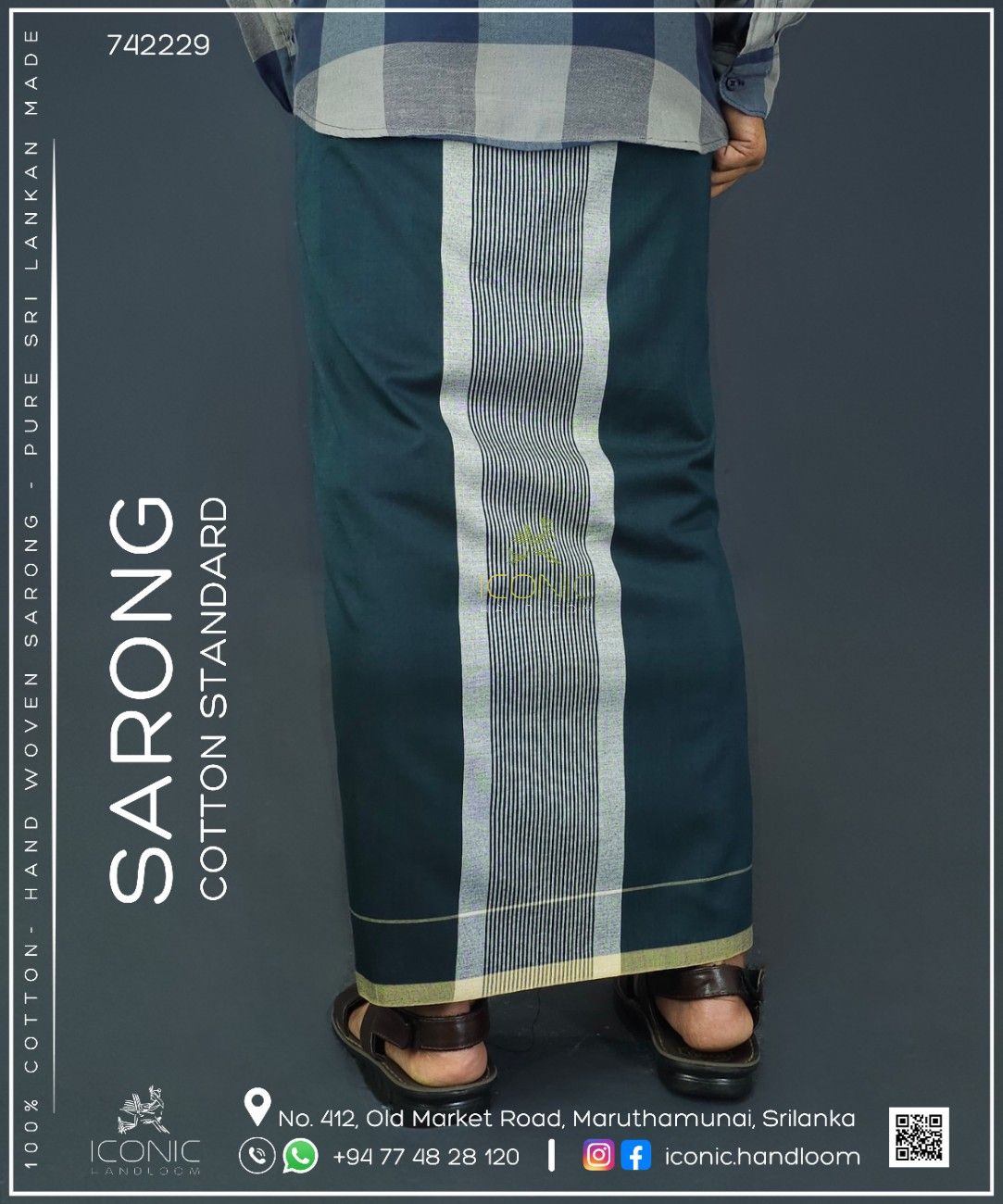 Handloom Cotton Sarong - Dark Green and Silver with Beige Bottom Border - ICS 742229