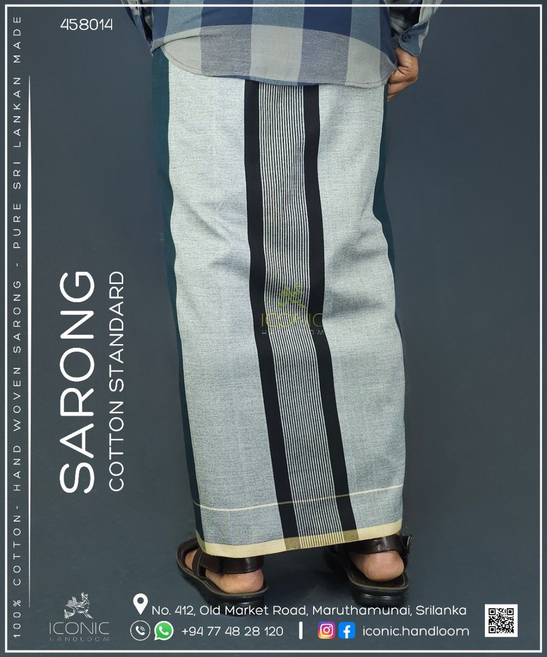 Handloom Cotton Sarong - Dark Green, Silver and Black with Beige Bottom Border - ICS 458014