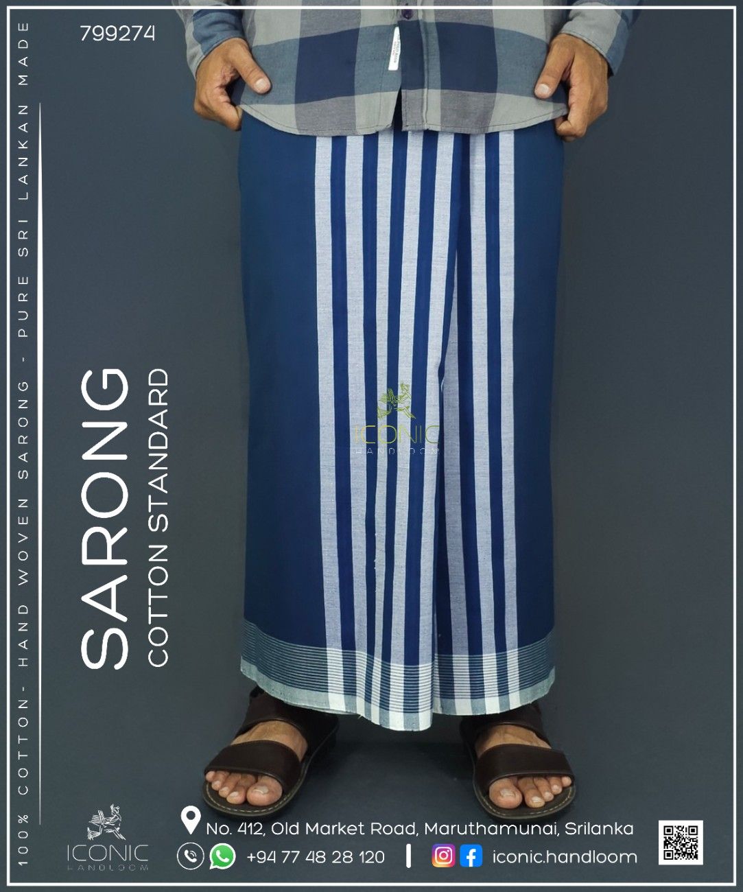 Handloom Cotton Sarong - Deep Teal with Silver Stripes  -  ICS 799274