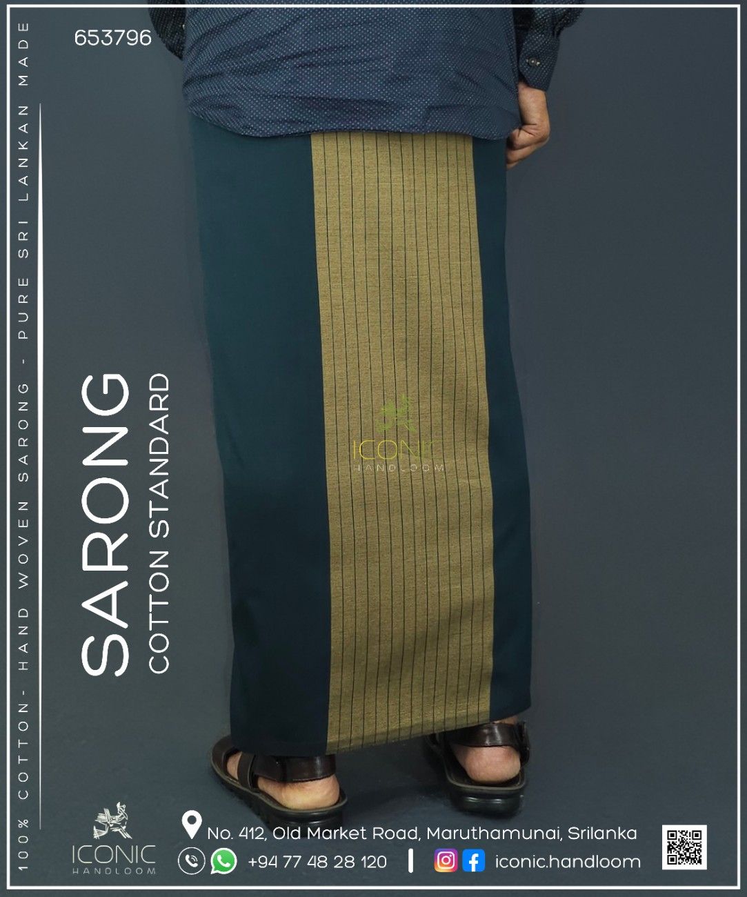 Handloom Cotton Sarong - Dark Green with Beige Stripes -  ICS 653796