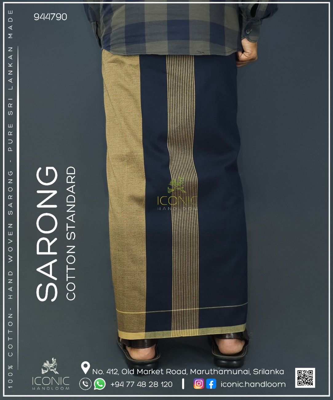 Handloom Cotton Sarong - Beige and Dark Navy Blue with Cream Bottom Border -  ICS 944790