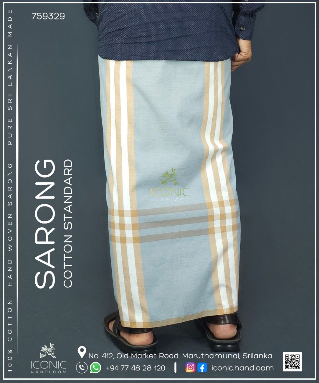 Handloom Cotton Sarong - Light Grey and White with Beige  -  ICS 759329