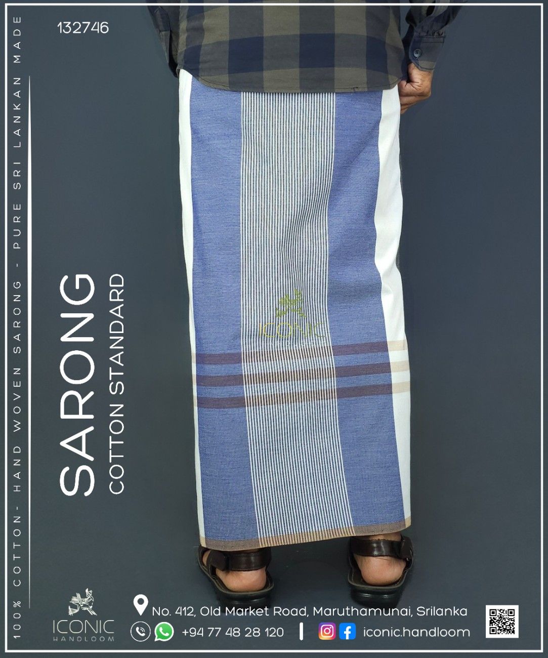 Handloom Cotton Sarong - Light Grey, White, Charcoal Grey and Dark Sky Blue with Beige   -   ICS 132746