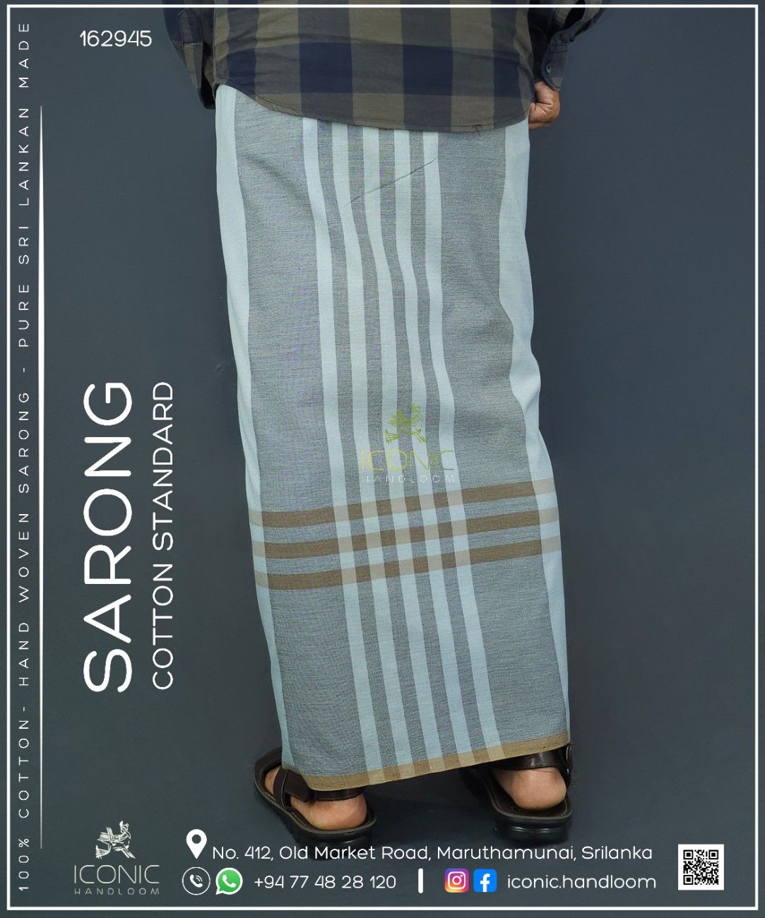 Handloom Cotton Sarong - Light Grey and Charcoal Grey with Beige  -  ICS 162945