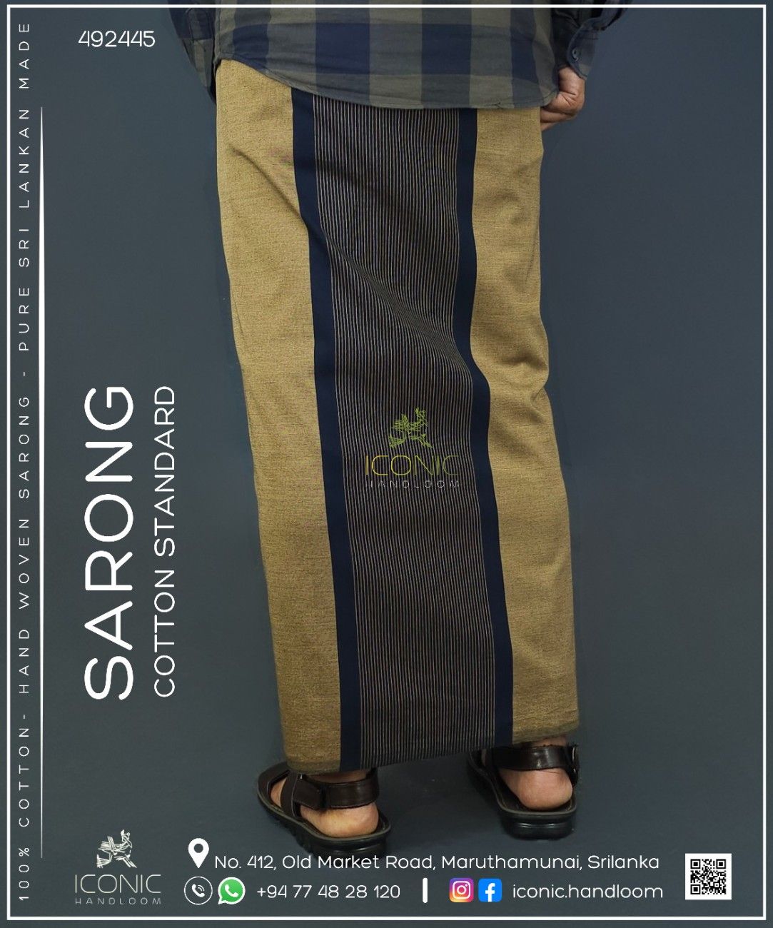 Handloom Cotton Sarong - Beige and Dark Navy Blue  -   ICS 492445