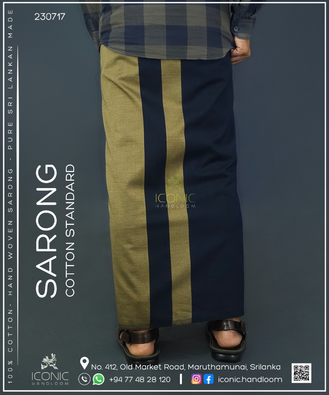 Handloom Cotton Sarong - Beige and Dark Navy Blue  -  ICS 230717