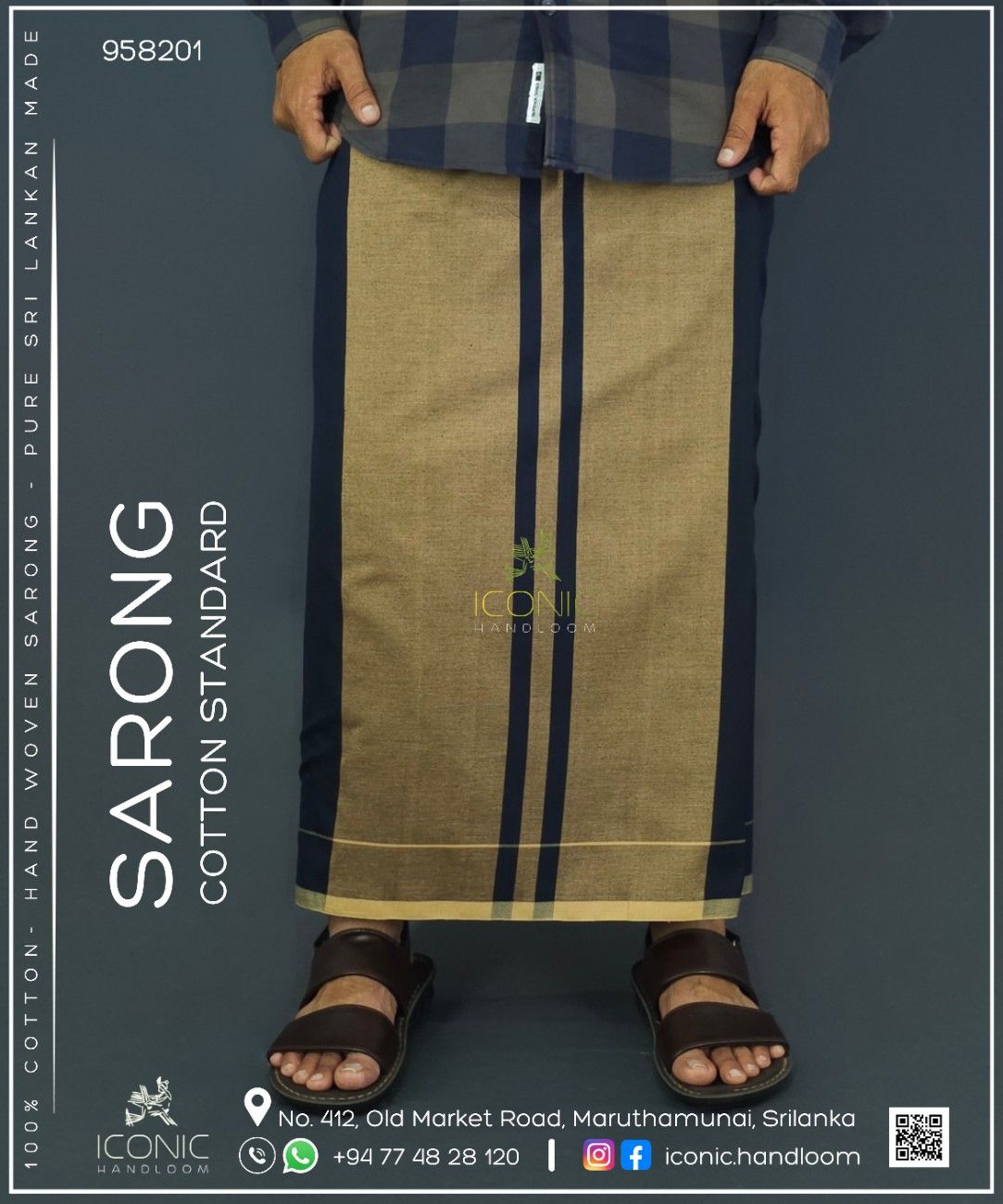 Handloom Cotton Sarong - Beige and Dark Navy Blue with Cream Bottom Border -  ICS 958201