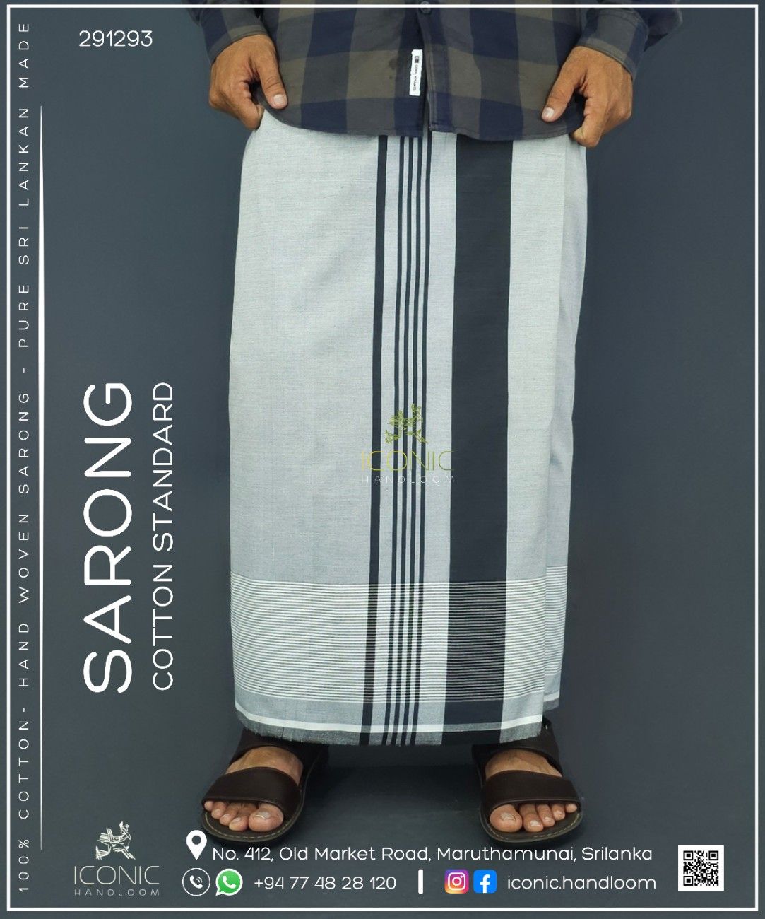 Handloom Cotton Sarong - Silver and Black with Horizontal Stripes - ICS 291293