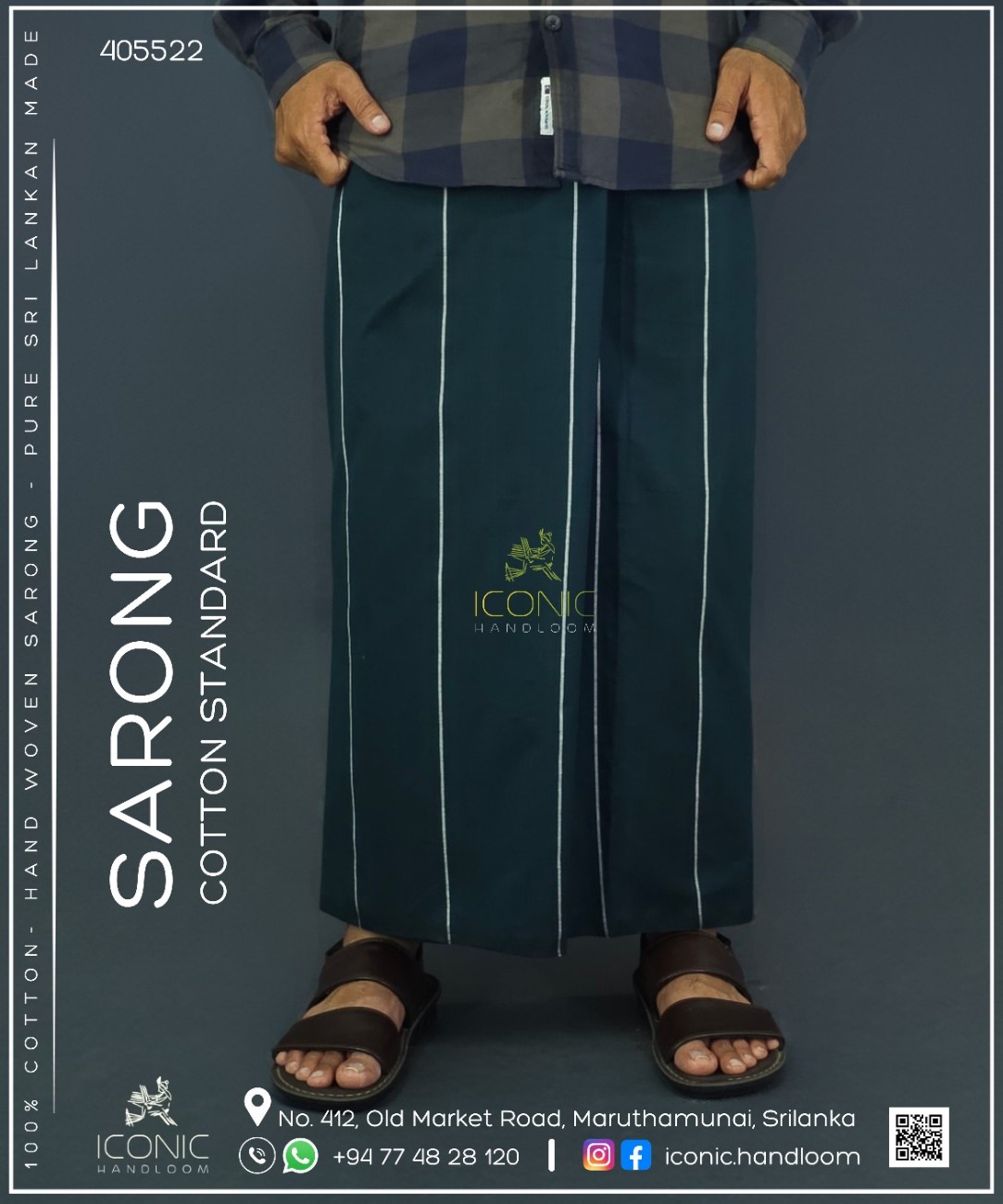 Handloom Cotton Sarong - Dark Green with Siver Stripes - ICS 405522