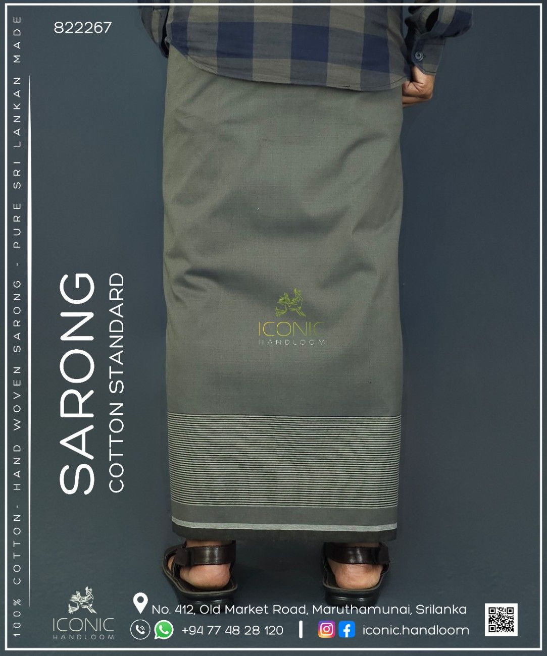 Handloom Cotton Sarong - Olive Grey with Horizontal Stripes   -   ICS 822267