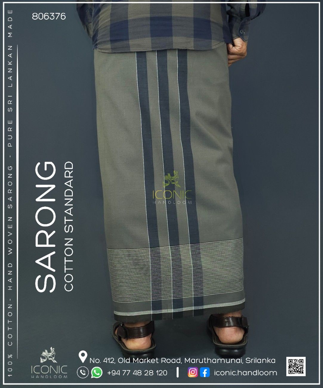 Handloom Cotton Sarong - Olive Grey, Silver and Charcoal Grey with Horizontal Stripes   -   ICS 806376