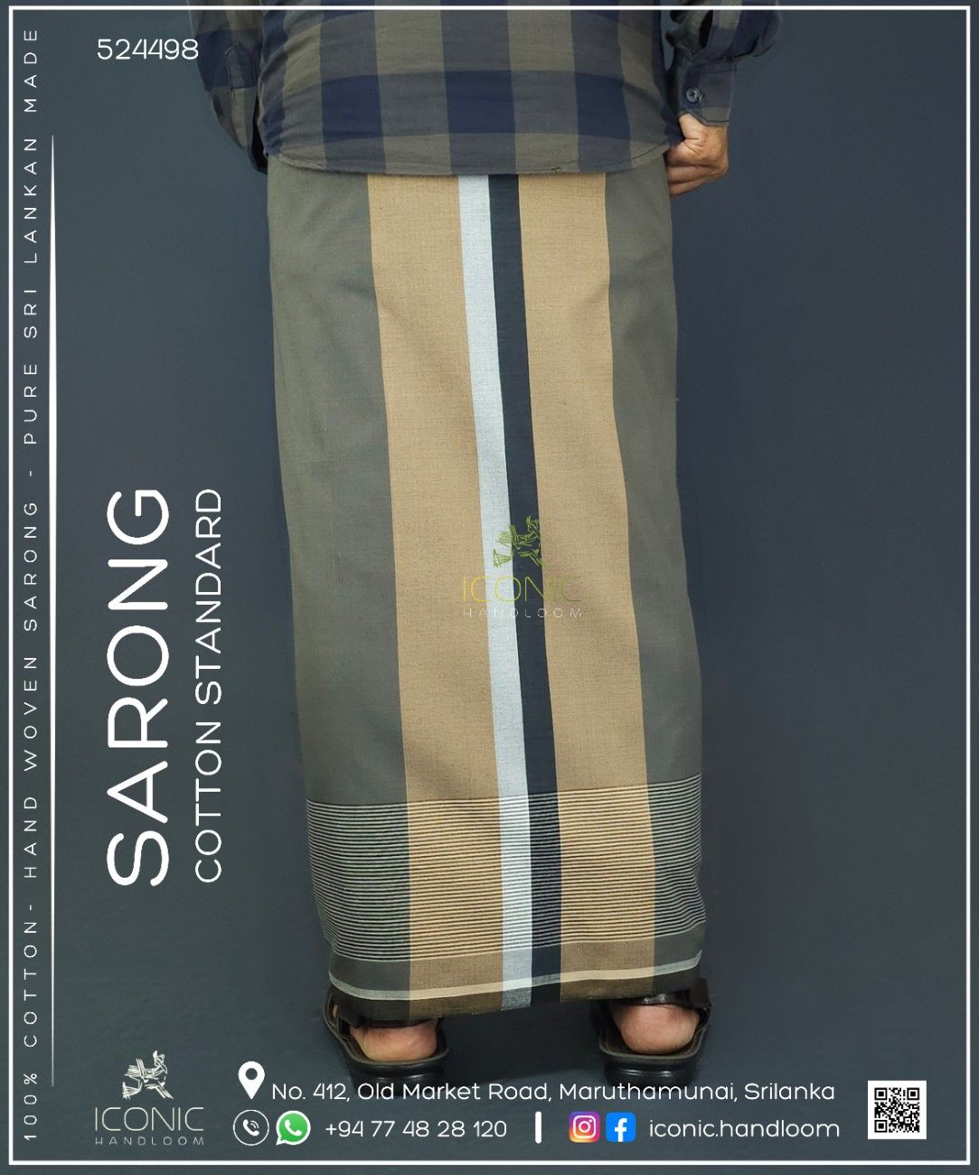 Handloom Cotton Sarong - Olive Grey, Beige, Silver and Charcoal Grey with Horizontal Stripes   -   ICS 524498