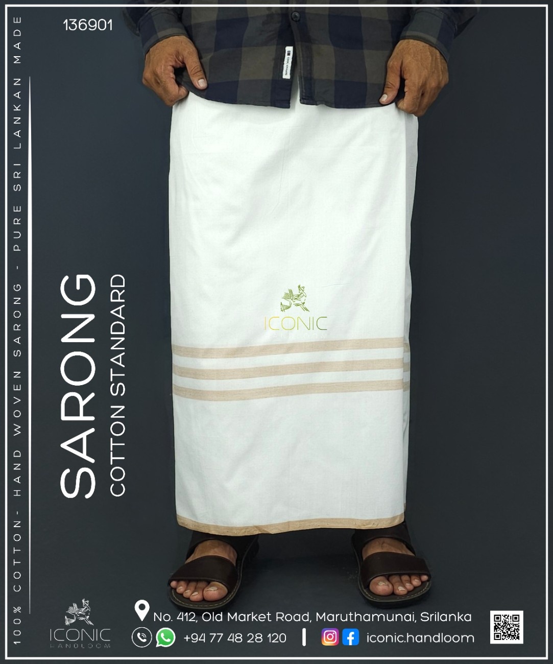 Handloom Cotton Sarong - White with Beige  -   ICS 136901
