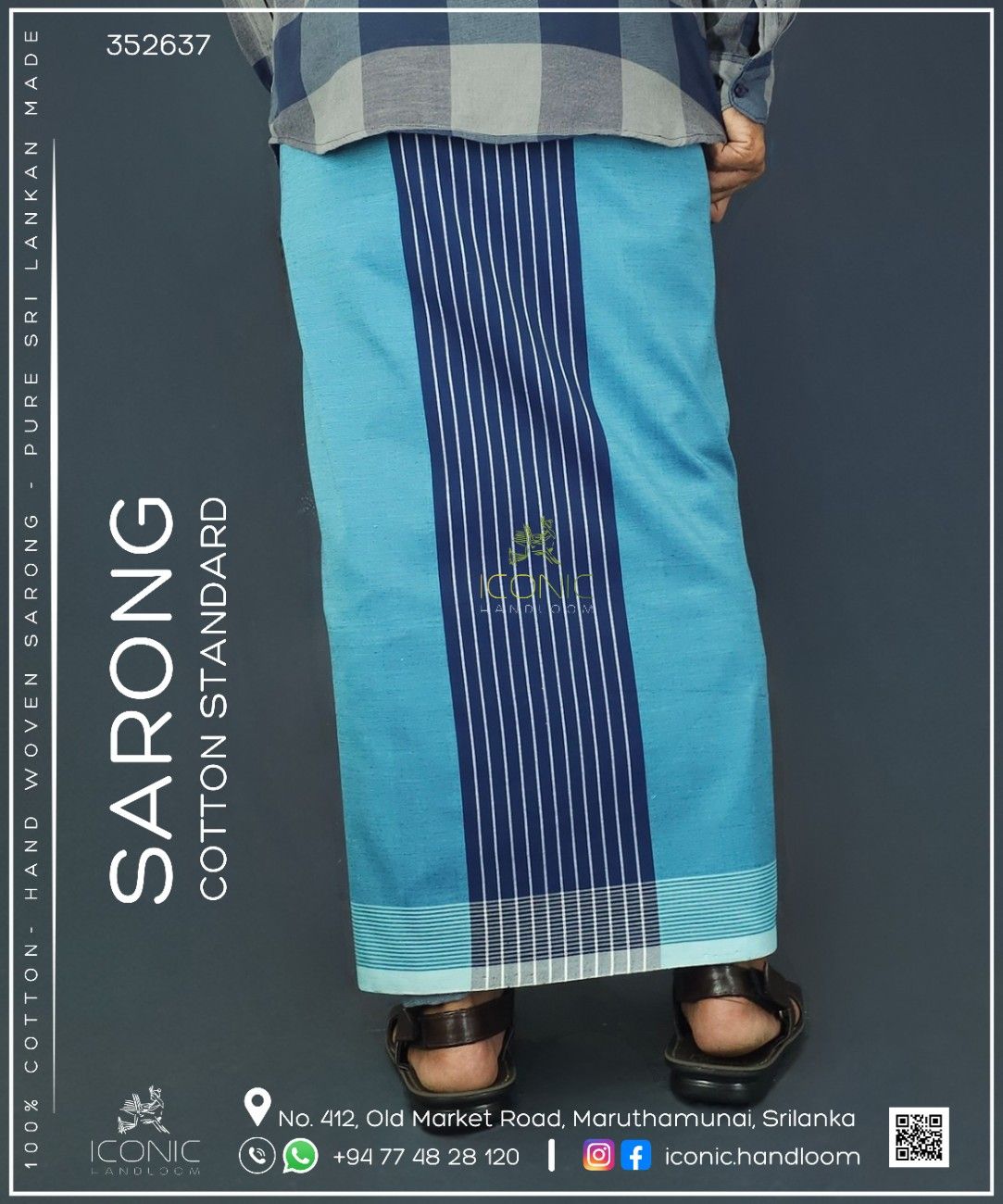 Handloom Cotton Sarong - Turquoise Blue and Deep Teel with Silver  -  ICS 352637