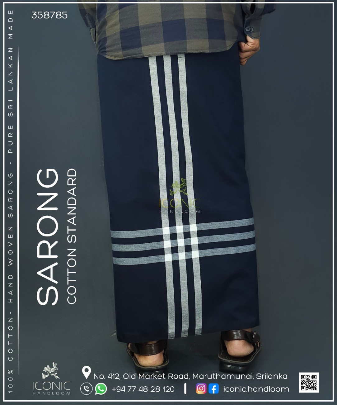 Handloom Cotton Sarong - Dark Blue with Silver  -  ICS 358785