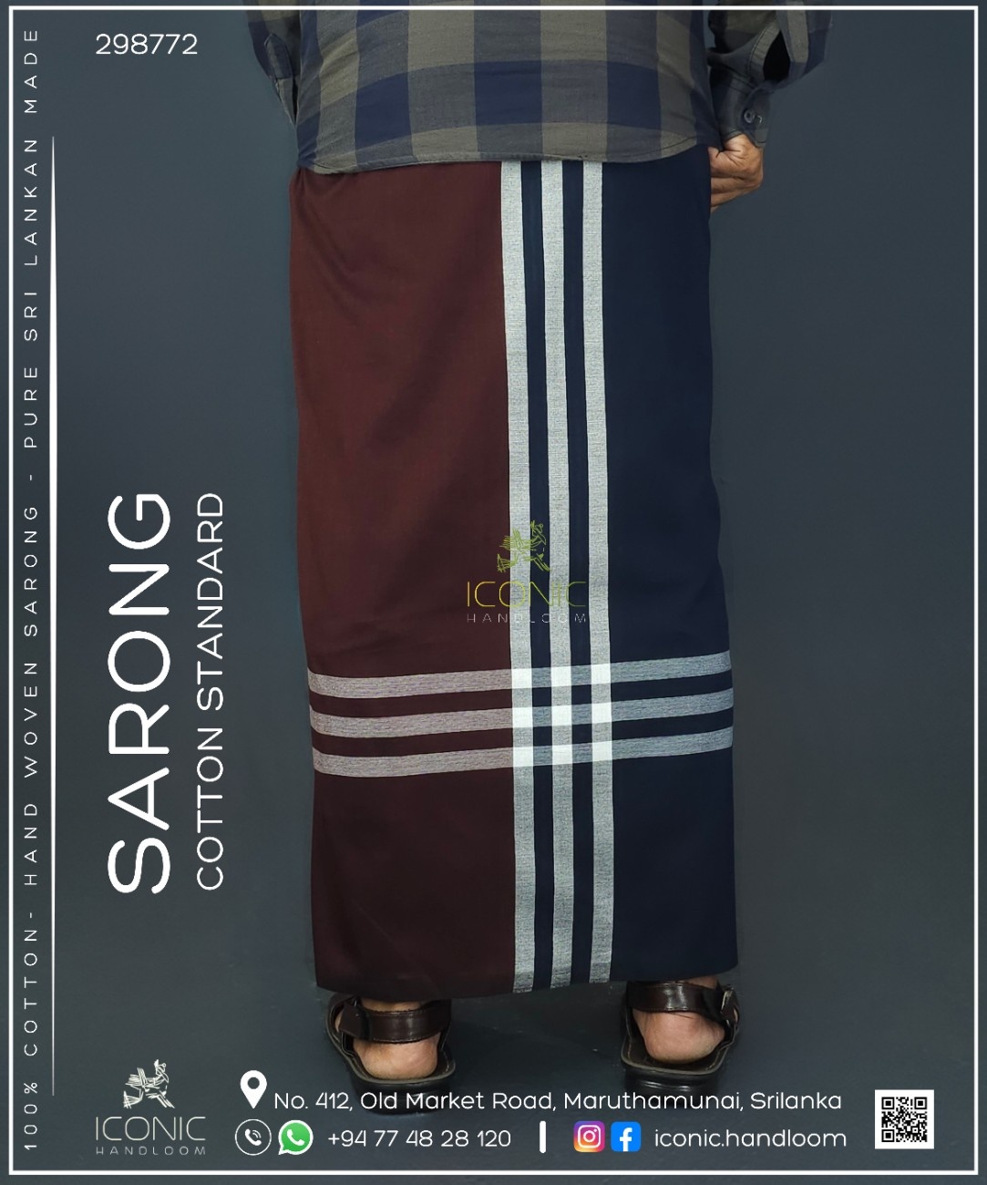 Handloom Cotton Sarong - Dark Blue and Burgundy with Silver  -  ICS 298772