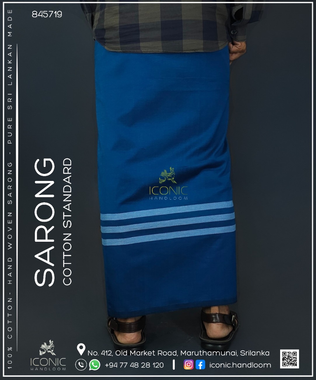 Handloom Cotton Sarong - Peacock Blue with Silver  -  ICS 845719